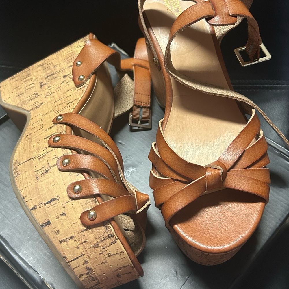 Tan Leather Wedge Sandals